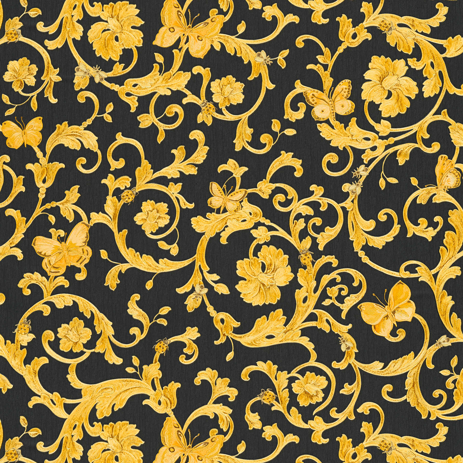 Black VERSACE wallpaper with gold ornaments & butterfly
