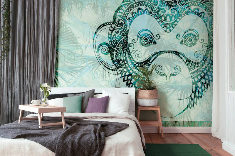             Papier peint jungle, singes & style boho - vert, bleu, blanc
        