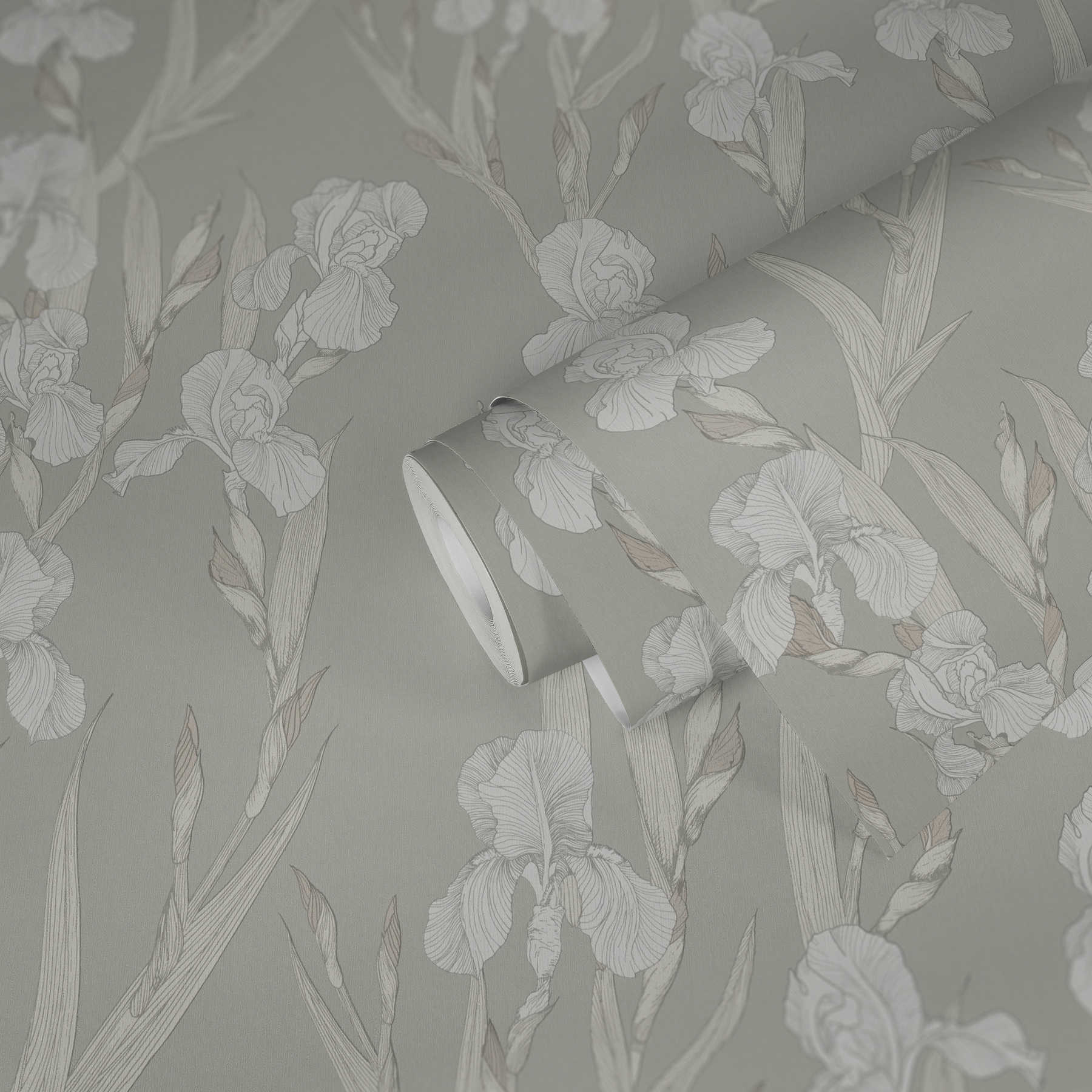             Bloemenbehang gestileerd, bloemenranken & modern design - grijs, wit
        
