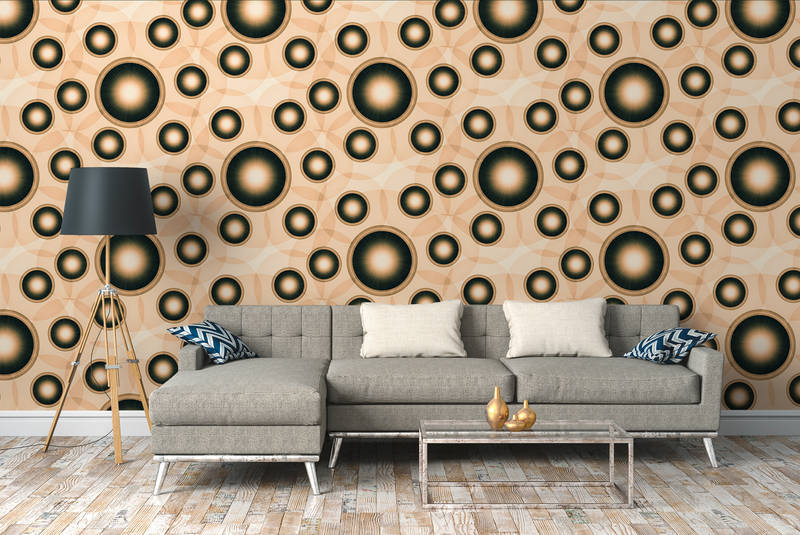             Mural de pared de círculos y puntos en diseño 3D - naranja, blanco, negro
        