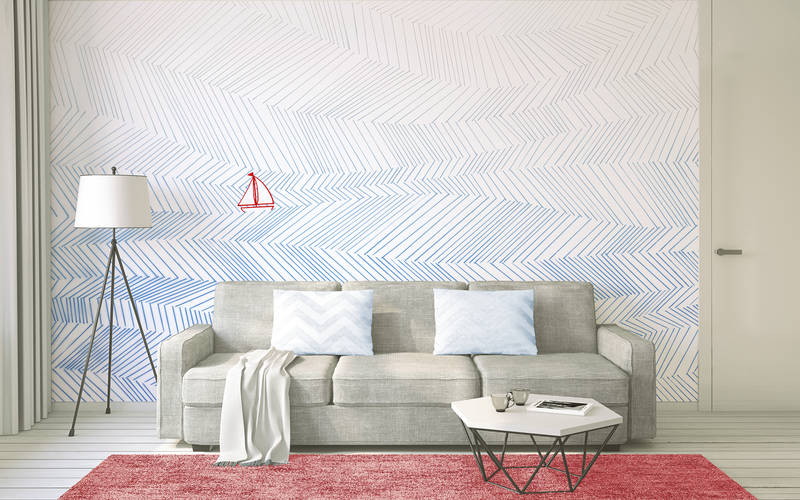             Papel pintado para la habitación de los niños, Barco de mar y olas - Azul, blanco, rojo
        