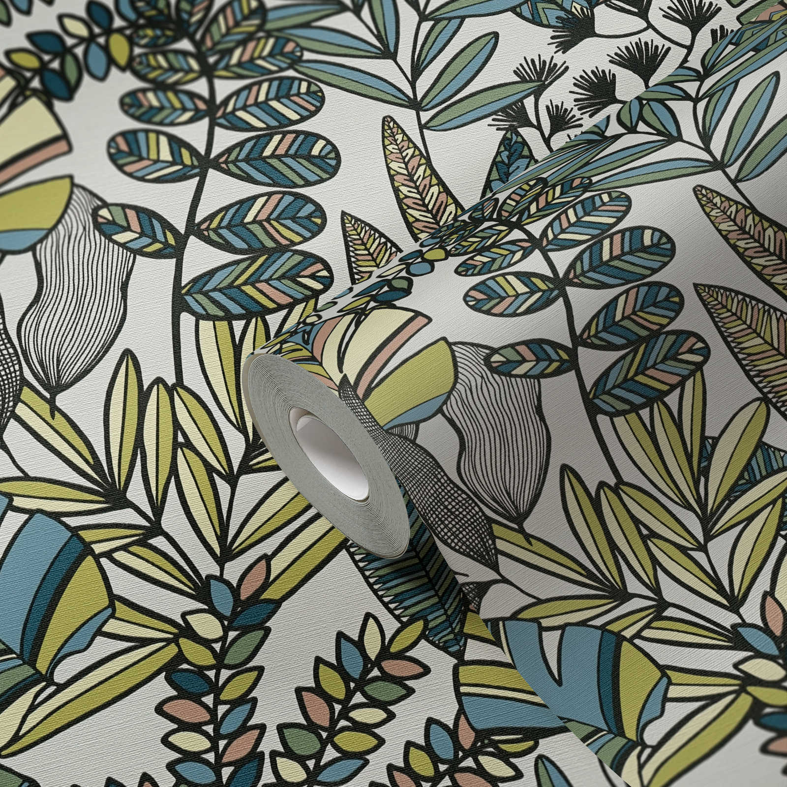             Non-woven wallpaper with large leaves in bold colours - white, black, blue
        