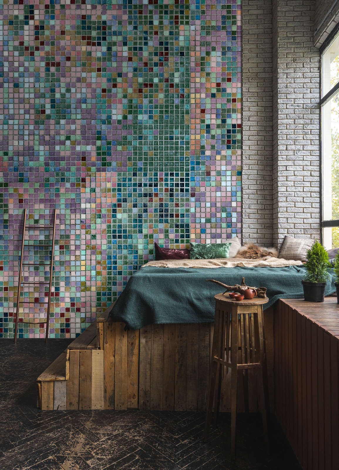             Photo wallpaper »grand central« - Mosaic pattern in bright colours - Smooth, slightly shiny premium non-woven fabric
        