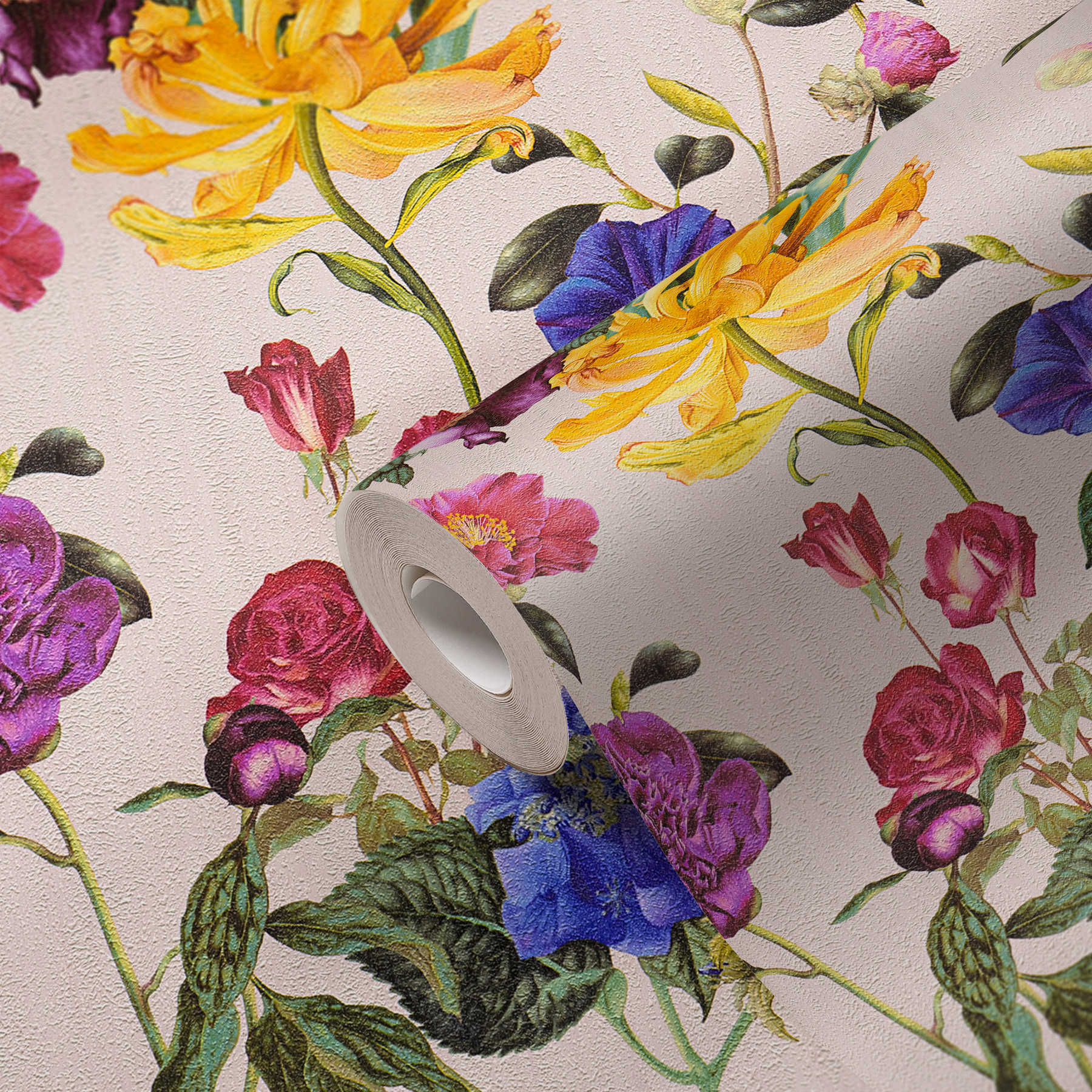             Papier peint fleuri avec des fleurs aux couleurs vives - multicolore, vert, rose
        