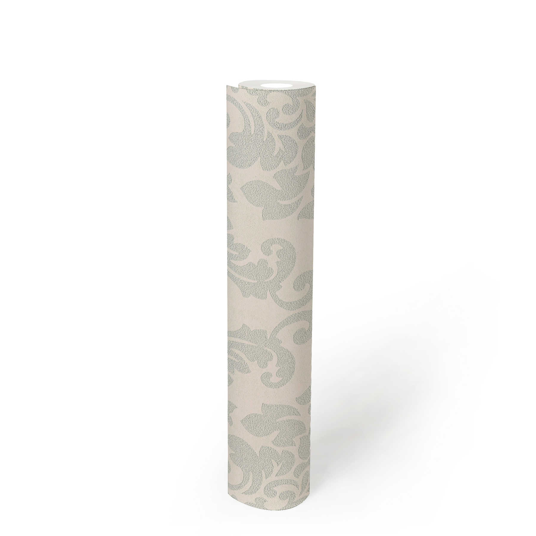             Papier peint ornemental floral avec effet métallique - gris, argent, blanc
        