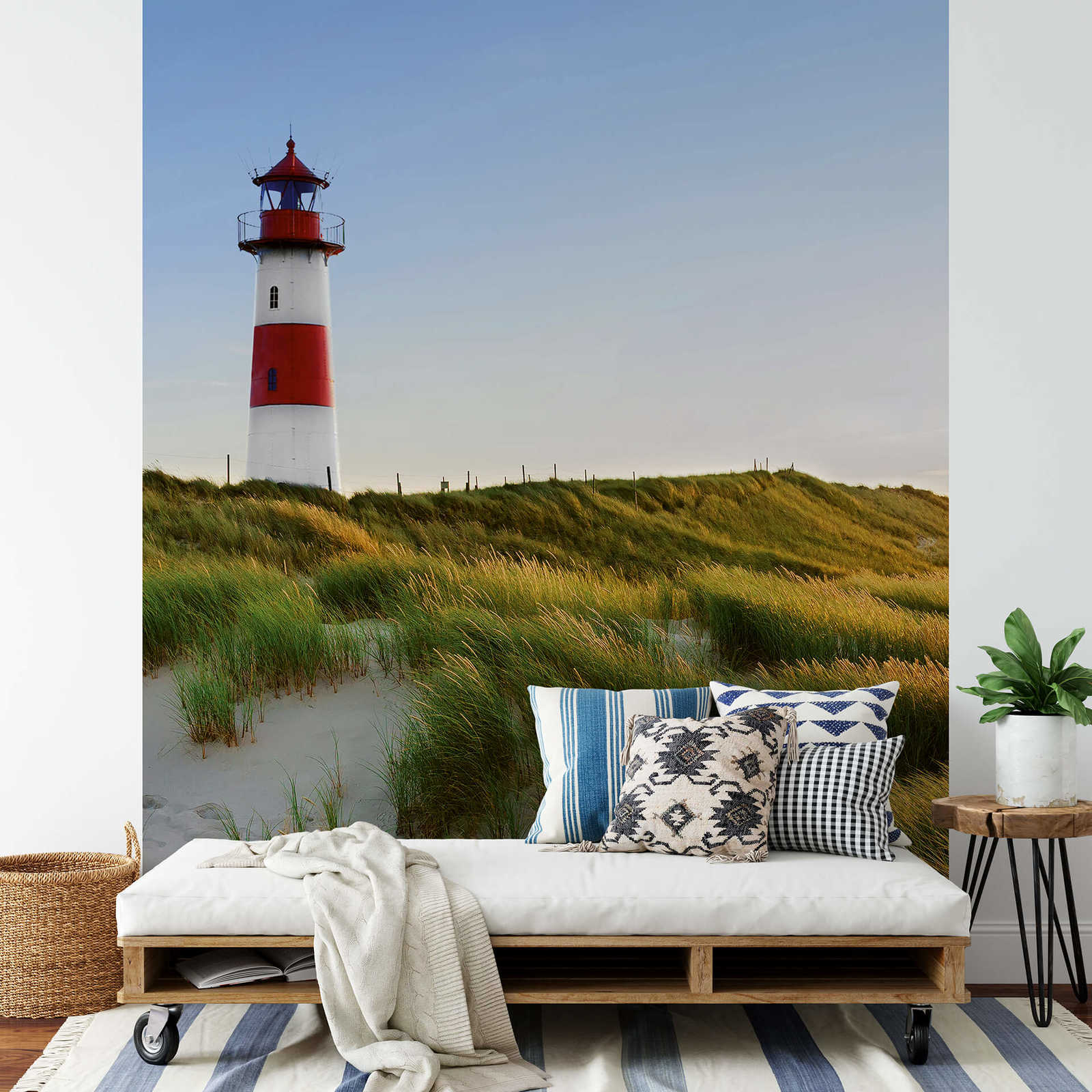             Beach mural lighthouse & dunes in portrait format
        