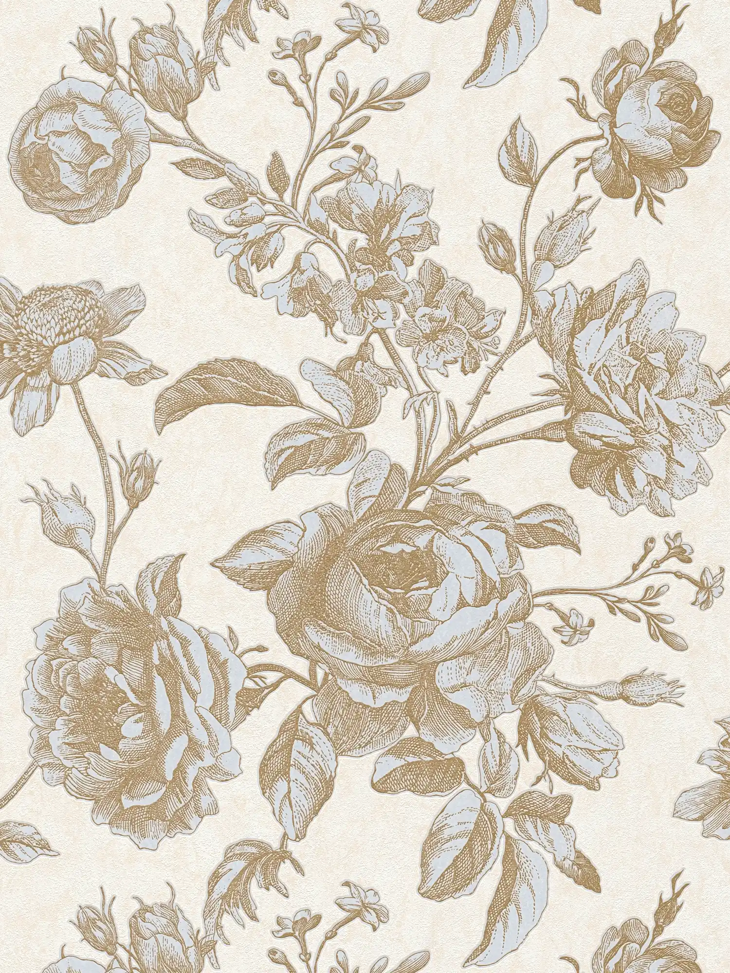 Vintage wallpaper with roses pattern in graphic style - metallic, cream

