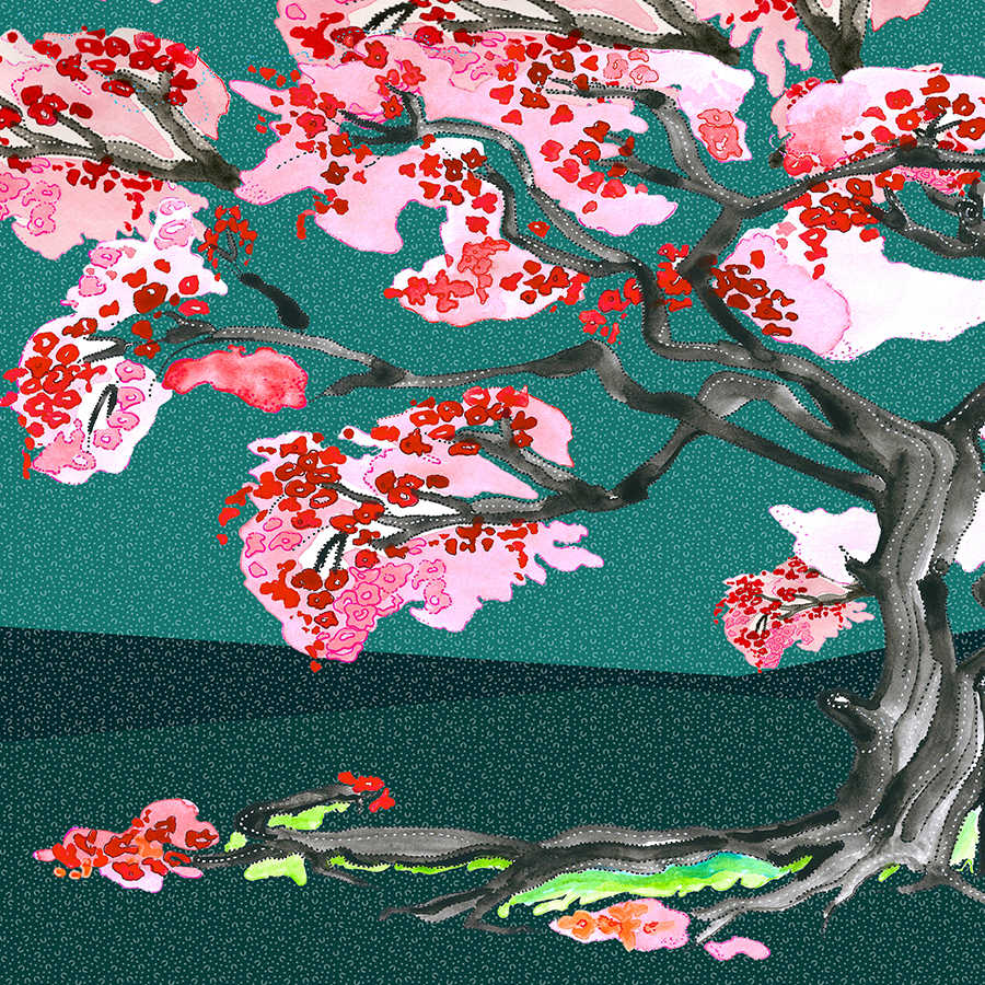 Papel pintado de flores de cerezo en estilo de cómic asiático sobre tejido no tejido liso nacarado
