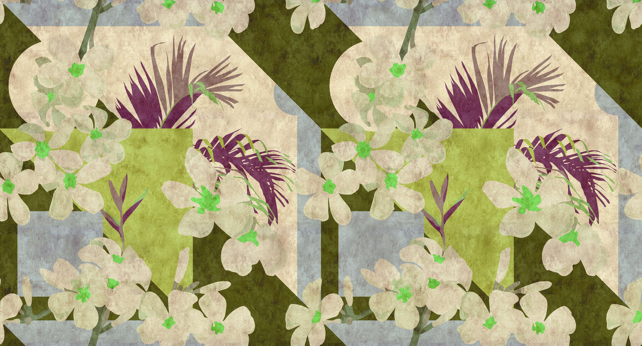             Vintage bloom - Papel pintado gráfico decoración floral vintage - Papel secante estructura - Beige, Azul | Vellón liso Premium
        