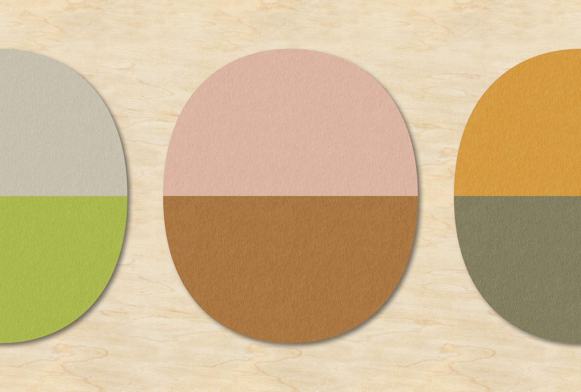             Split ovals 1 - Retro wallpaper colourful design in plywood,felt structure - Beige, Green | Matt smooth fleece
        