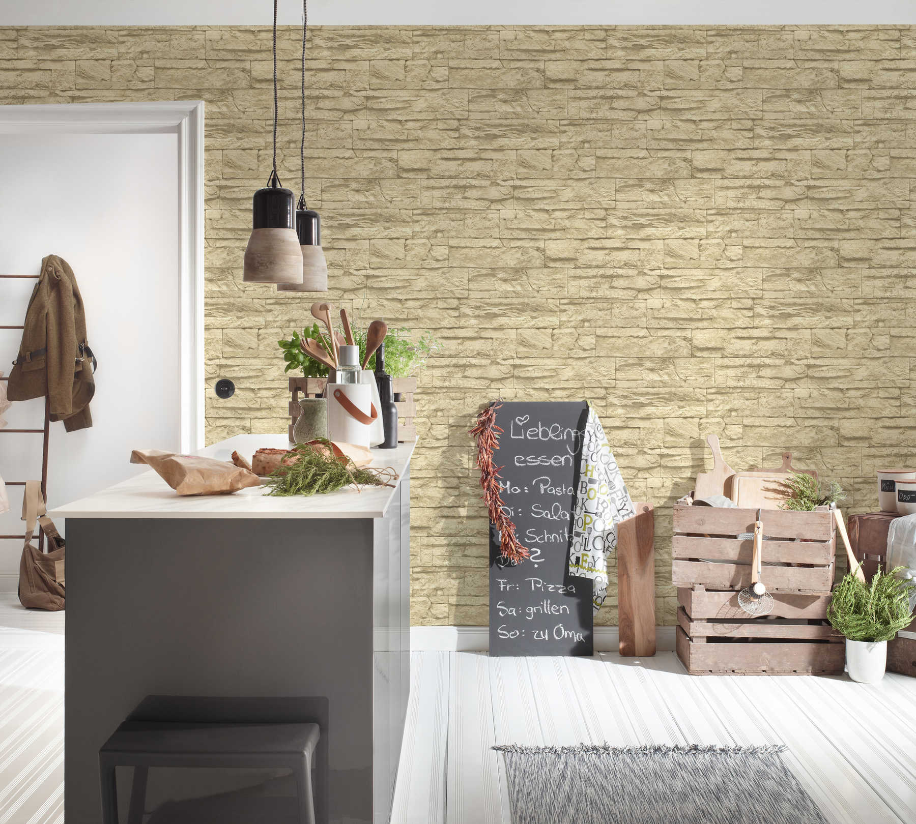             Wall wallpaper with natural stones rustic & realistic - beige, cream
        
