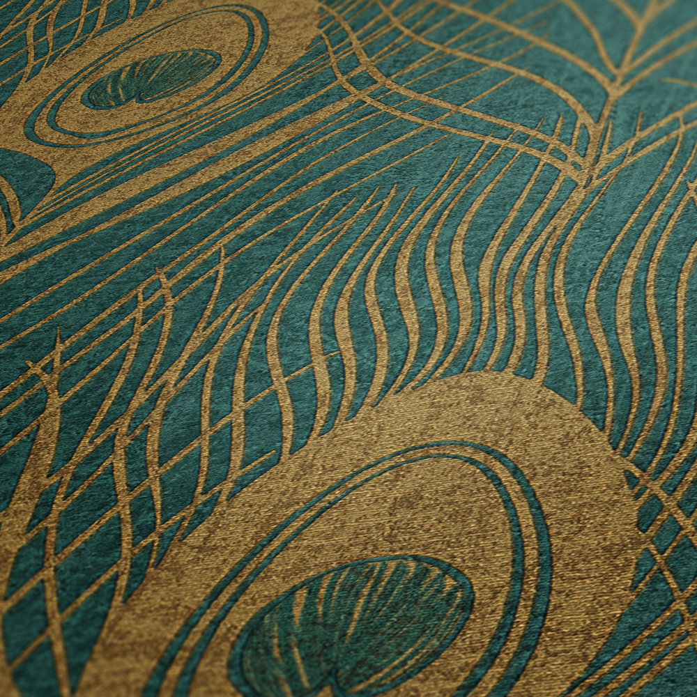             Aquamarine papier peint intissé avec plumes de paon aspect métallique - or, vert, jaune
        