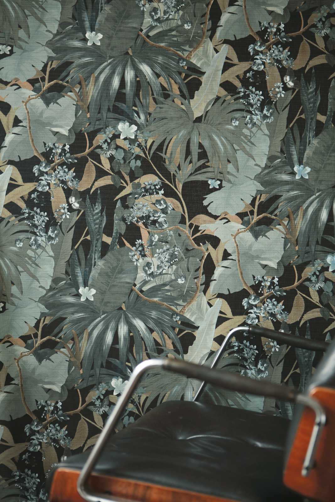             behang jungle design met bladmotief - grijs, groen
        