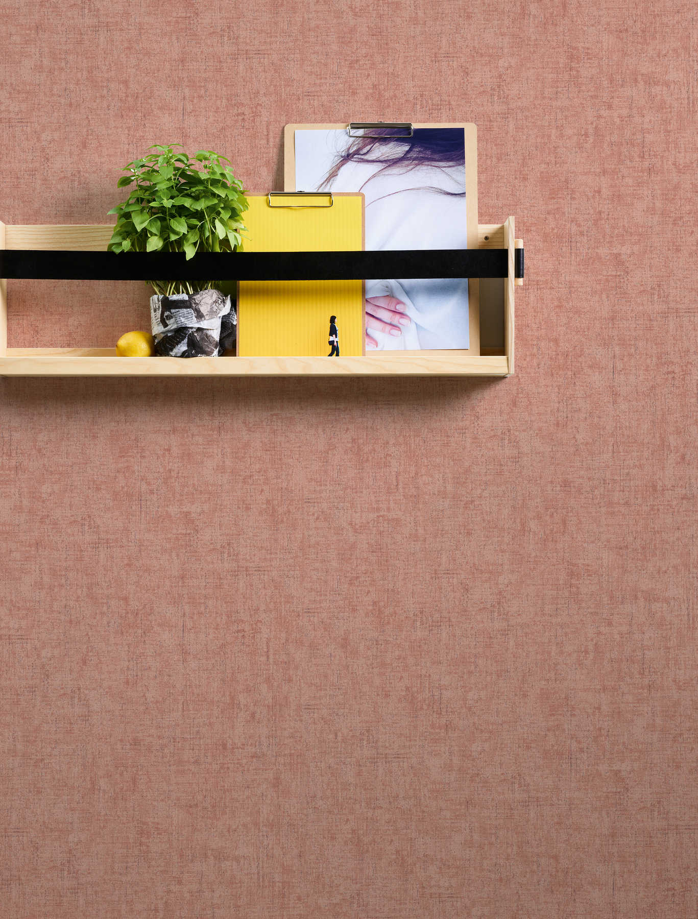             Non-woven wallpaper pink grey mottled with colour hatching & embossed texture
        