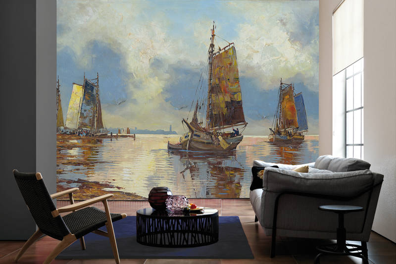             Pittura ad olio con murale storico di navi a vela
        