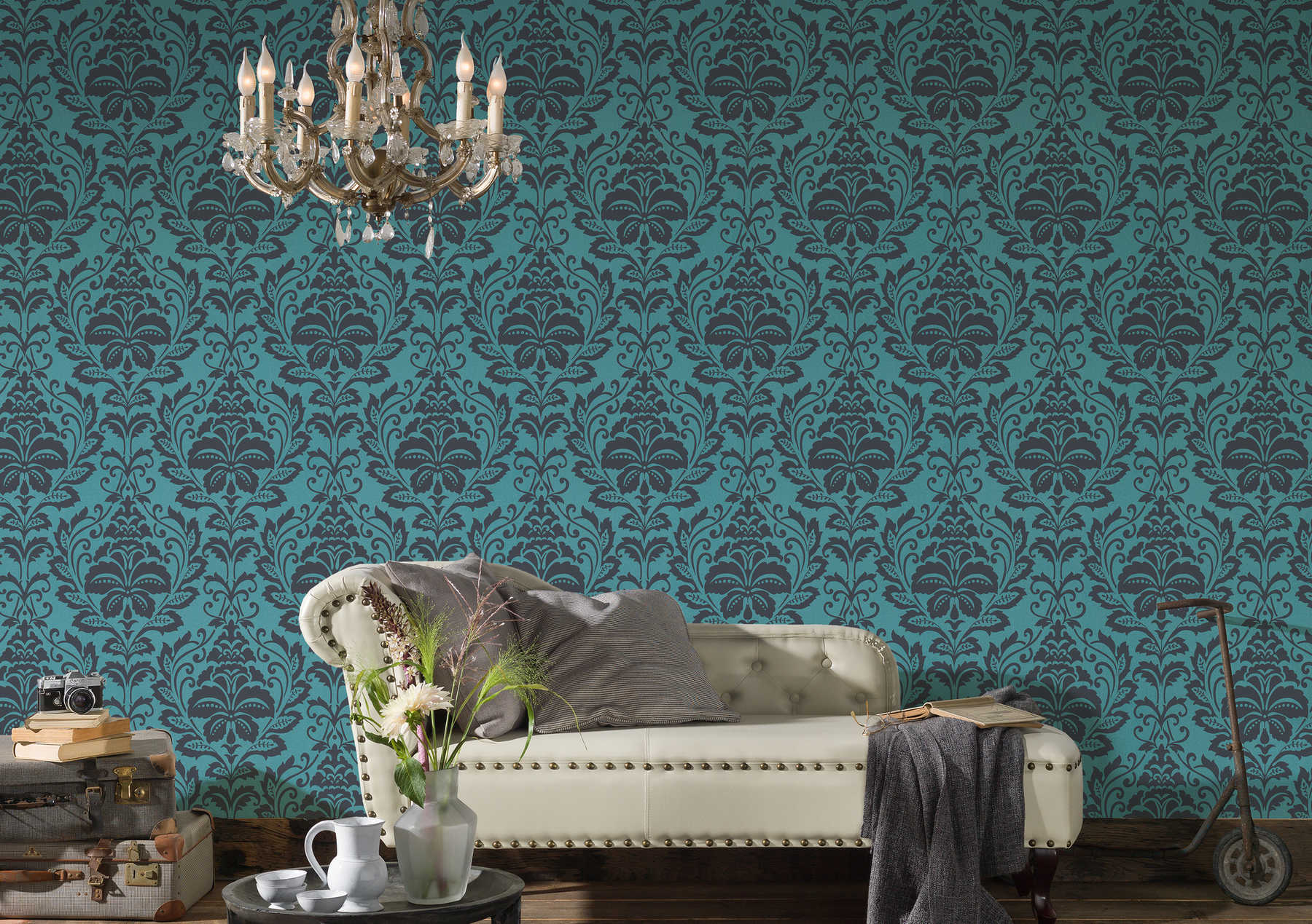             Neo classic ornament wallpaper, floral - blue, black
        
