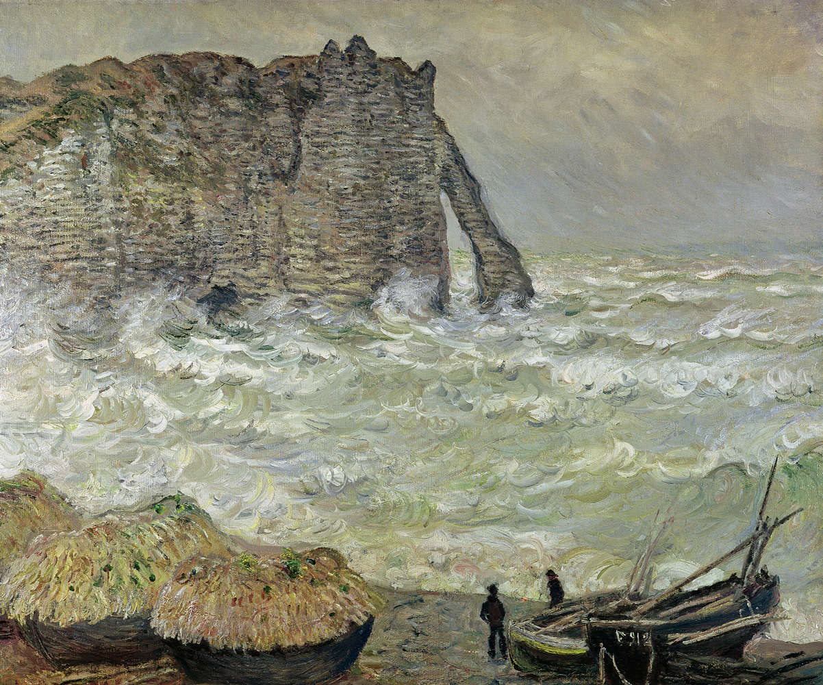             Ruwe zee bij Etretat" muurschildering van Claude Monet
        