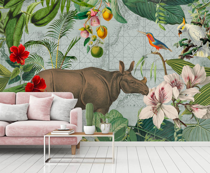             Papel Pintado Rinoceronte de Estilo Retro con Collage de Selva
        
