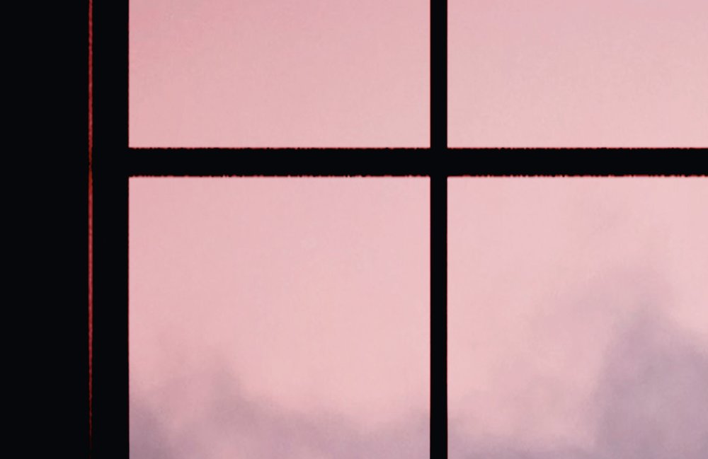             Sky 1 - papier peint fenêtre vue sur le lever du soleil - rose, noir | nacré intissé lisse
        