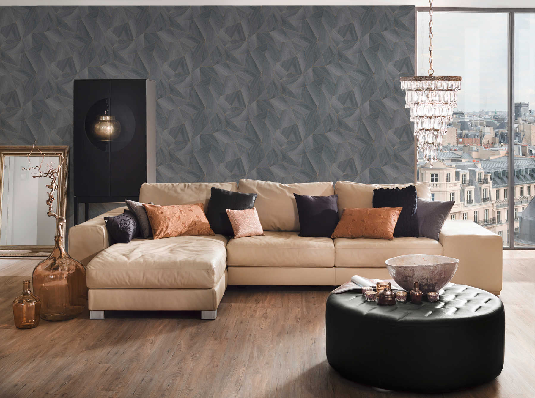             Wood wallpaper geometric pattern & metallic effect - grey, black
        