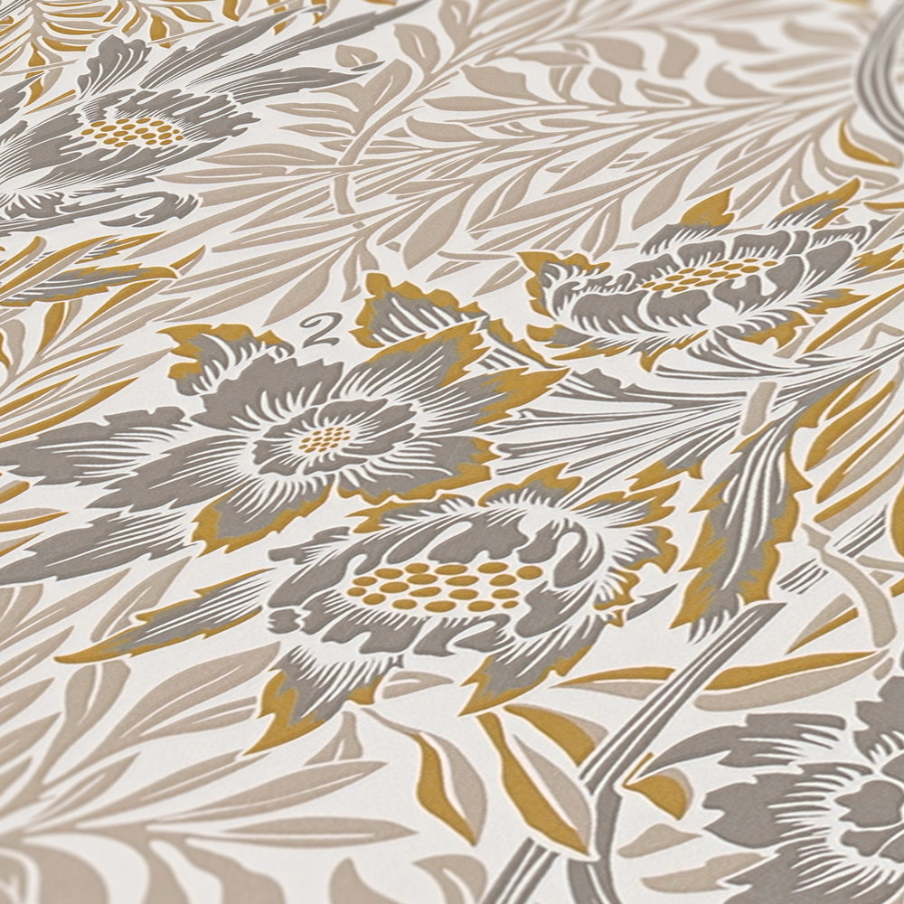             Non-woven wallpaper with various flowers and leaf tendrils - gold, beige, silver
        