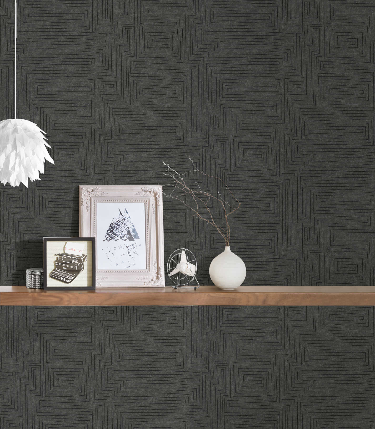             Ethno wallpaper plain with line pattern & texture effect - brown, black
        