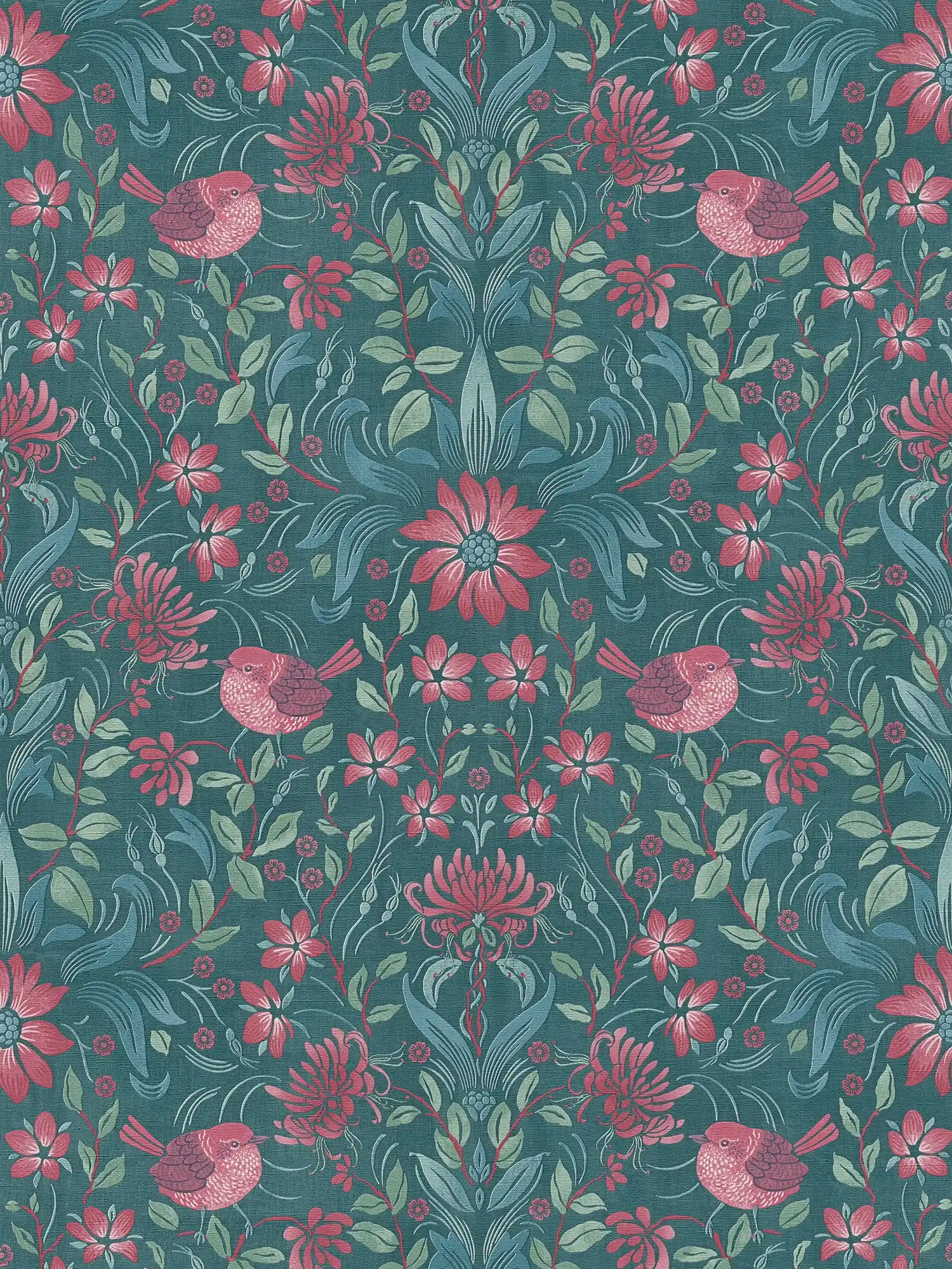 Floral non-woven wallpaper with flowers & birds - dark green, pink, green
