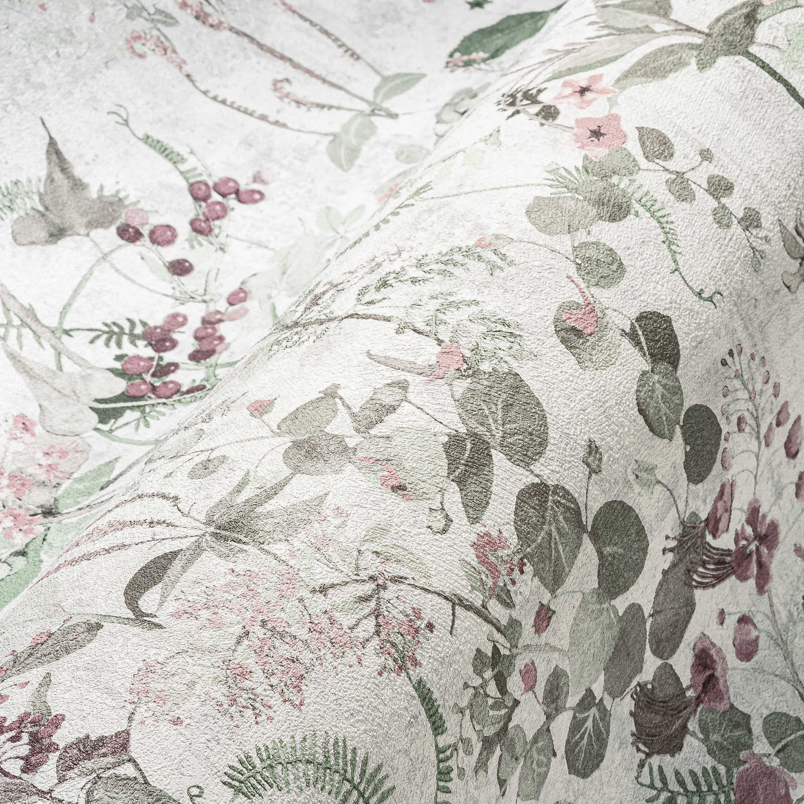             Papel pintado de naturaleza con motivos florales - gris, verde, rosa
        