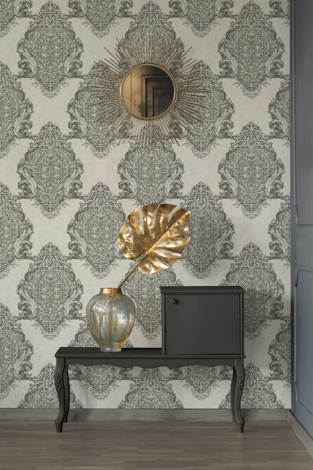             Ornament wallpaper with filigree metallic design - beige, grey
        