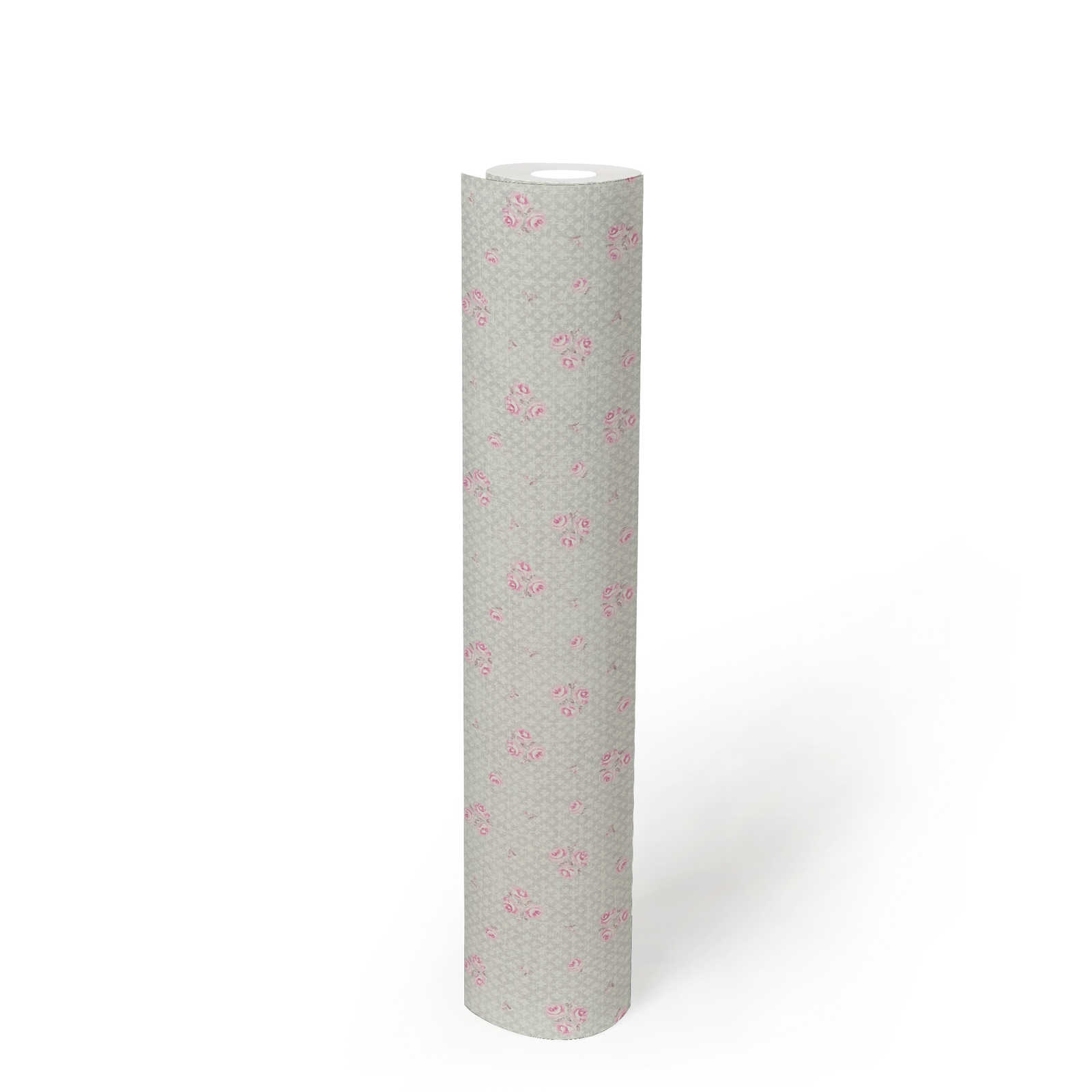             Papel pintado no tejido con motivos florales en estilo Shabby Chic - gris, rosa, blanco
        