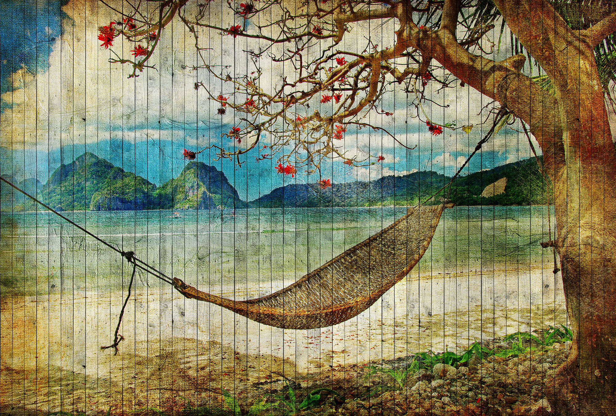             Tahiti 2 - Papier peint aspect bois avec hamac & plage des mers du sud - beige, bleu | Premium intissé lisse
        