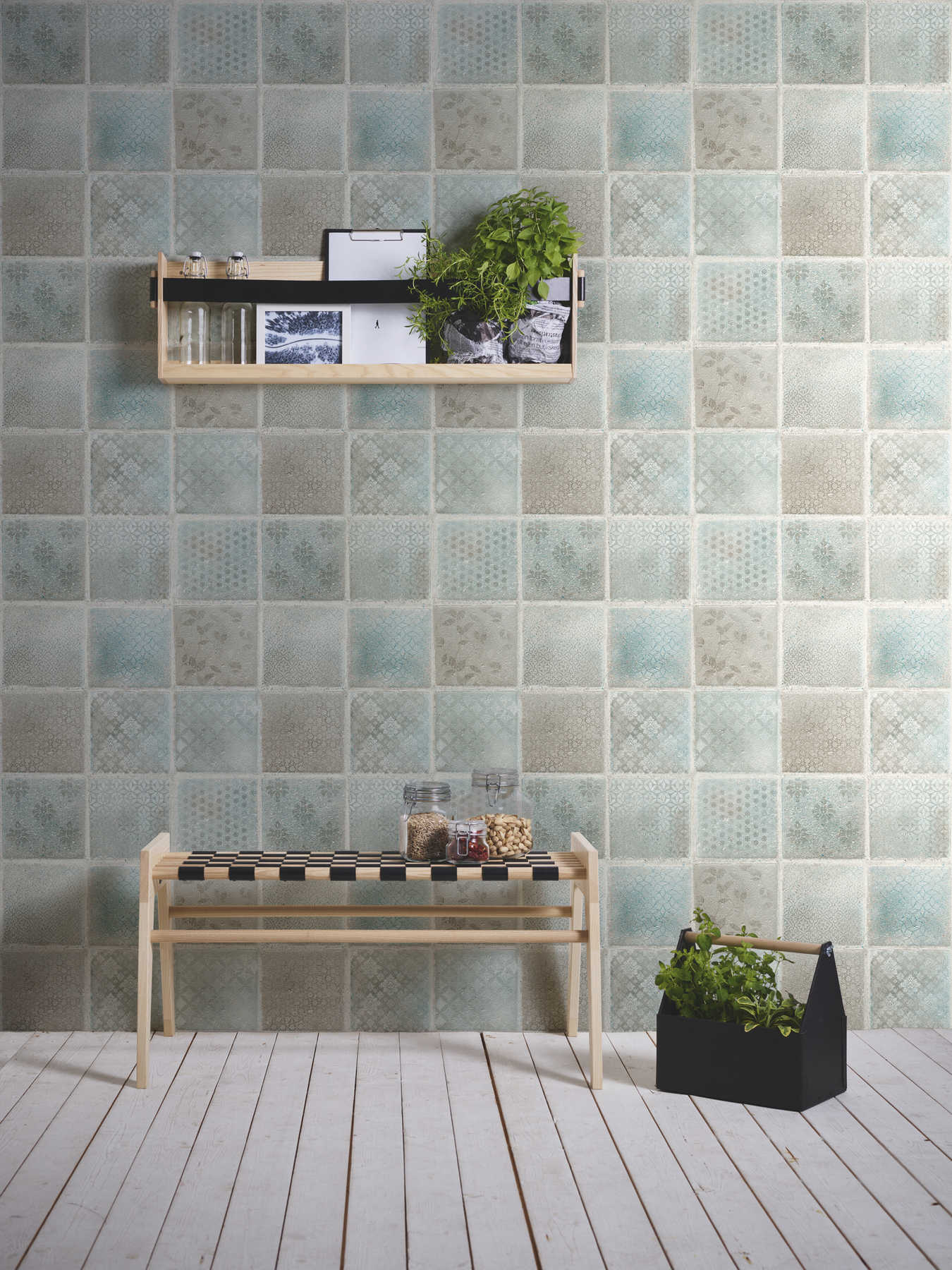             Mosaic and tile look wallpaper - blue, green, cream
        