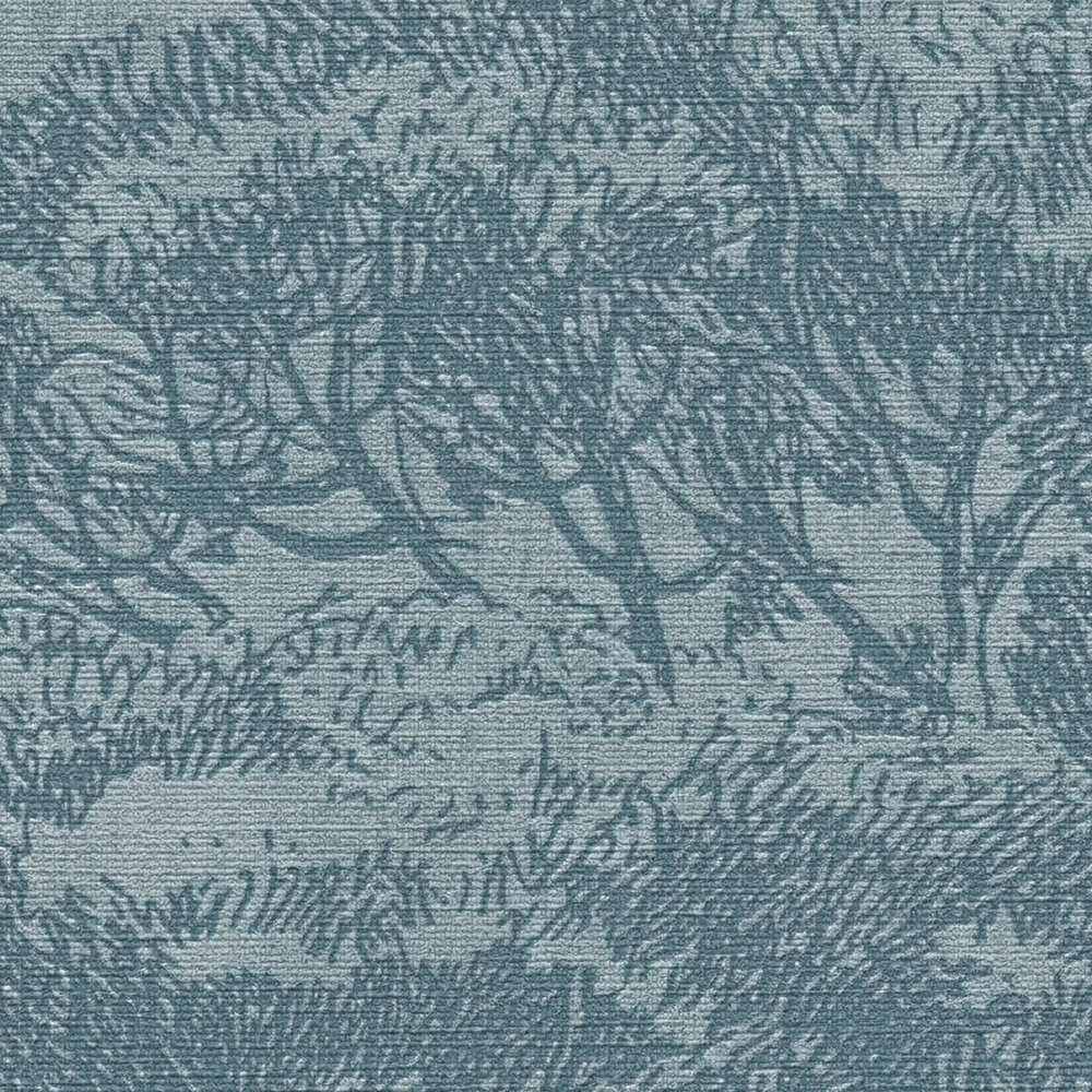             Papel pintado de naturaleza con aspecto de lino y con motivos de árboles - azul
        