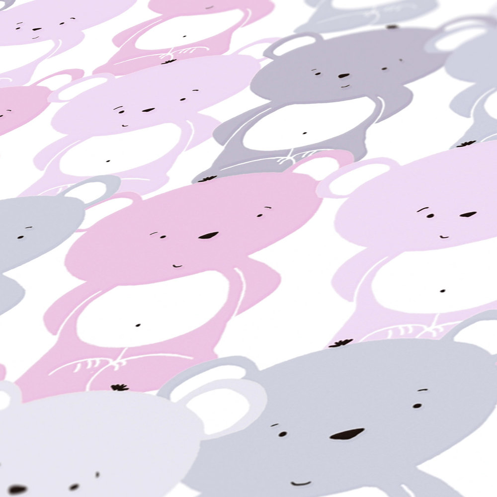             Papier peint chambre enfants filles motif ours - rose, gris , blanc
        