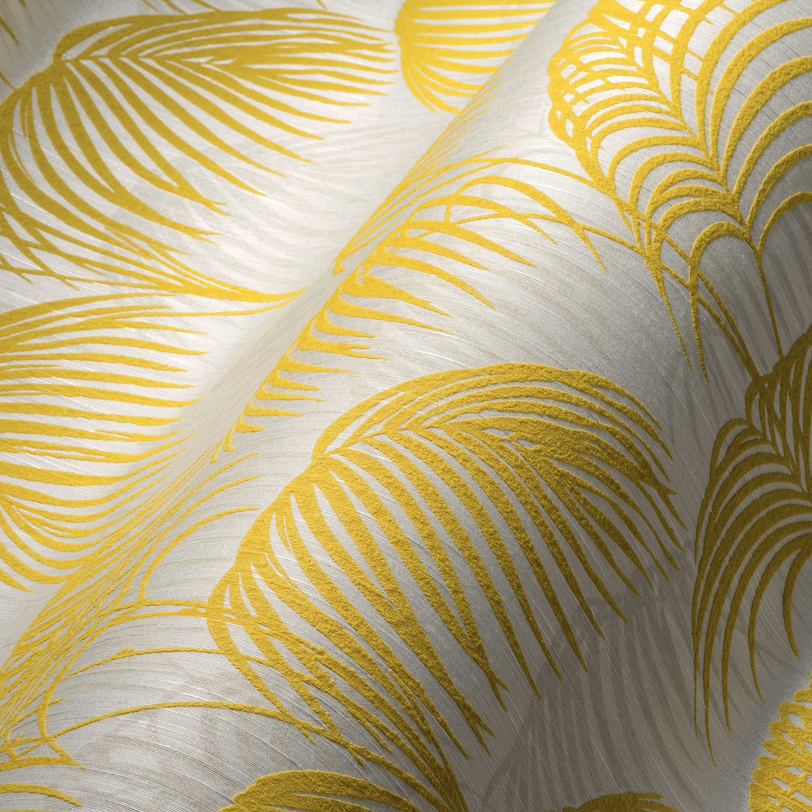             Papel pintado de palmeras con efecto dorado y diseño de estructura - metálico, blanco
        