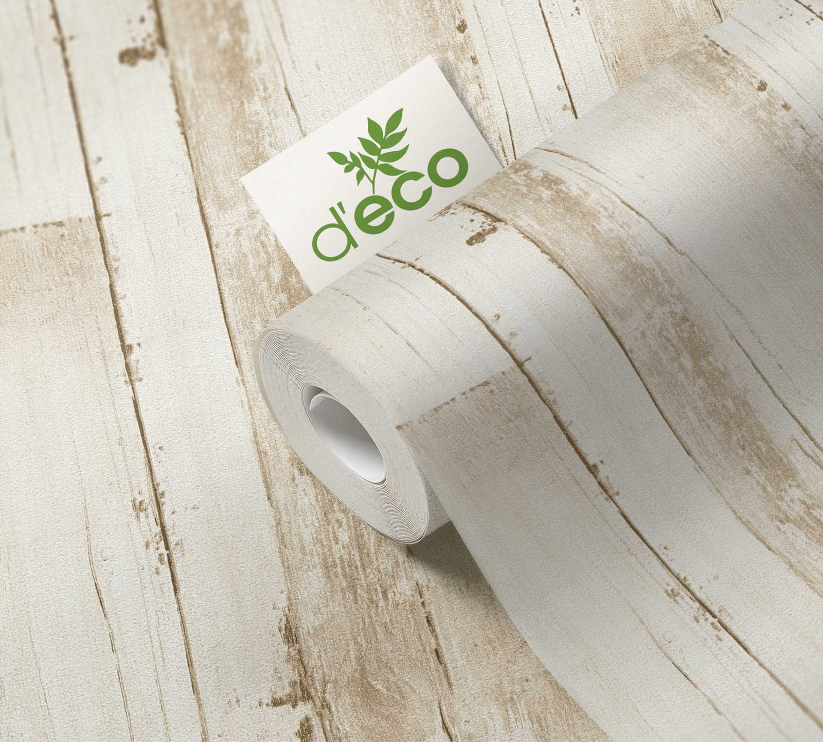             Papier peint intissé bois imitation planche sans PVC - beige, blanc
        