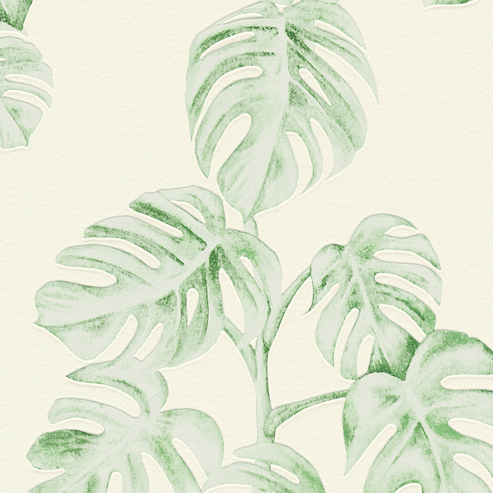             Vliesbehang Monstera lianen, natuurlijk patroon - groen, wit
        