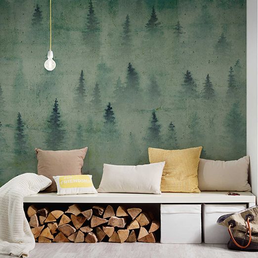 sitting niche wallpapered with green photo wallpaper, watercolour forest DD117980