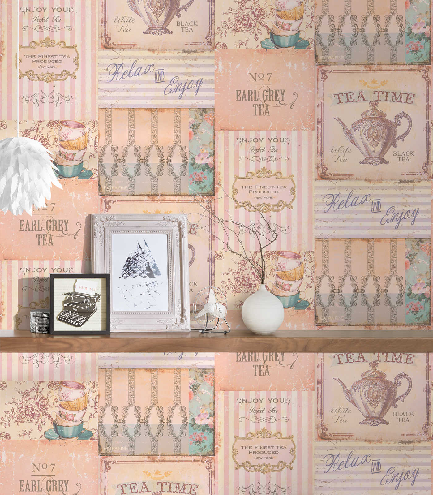             Keuken behang Tea Time collage in landelijke stijl - roze, grijs, blauw
        