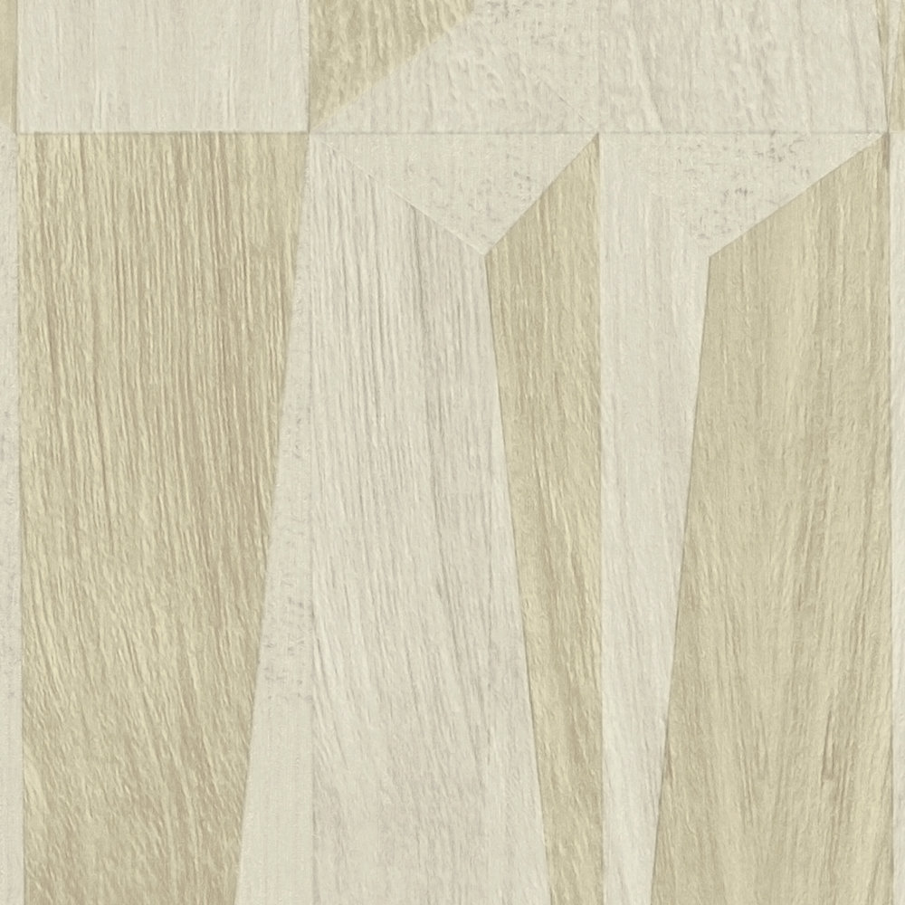             Metallic behang met houtlook in facetpatroon - beige, grijs
        
