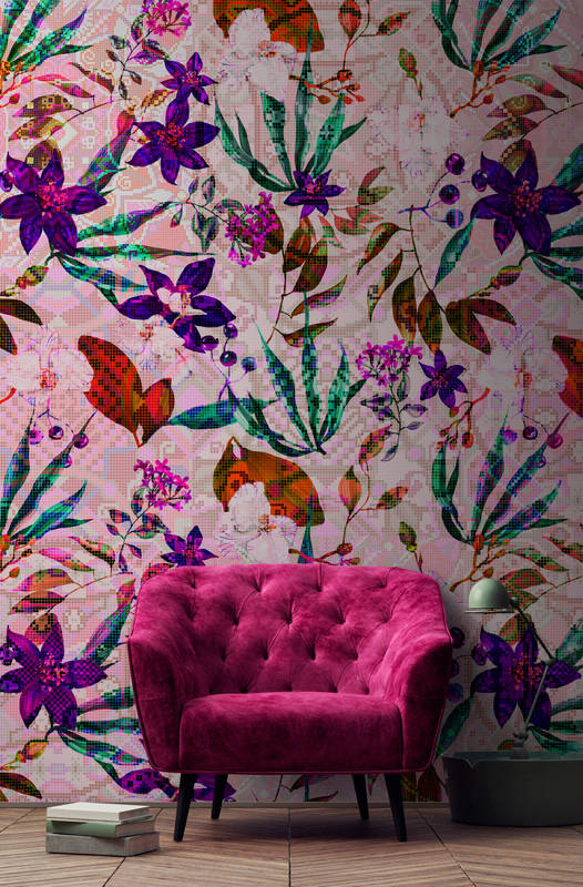             Bloemen Behang met Mosiak Design - Roze, Paars
        