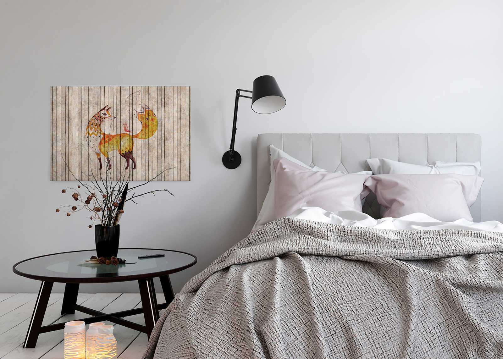             Fiaba 2 - Volpe e uccello su tela effetto legno - 0,90 m x 0,60 m
        