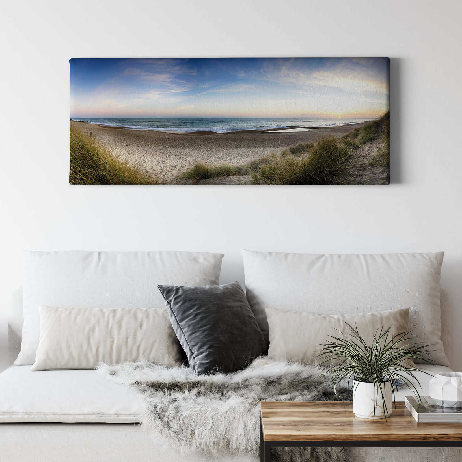             Beach panorama canvas print in blue and green
        