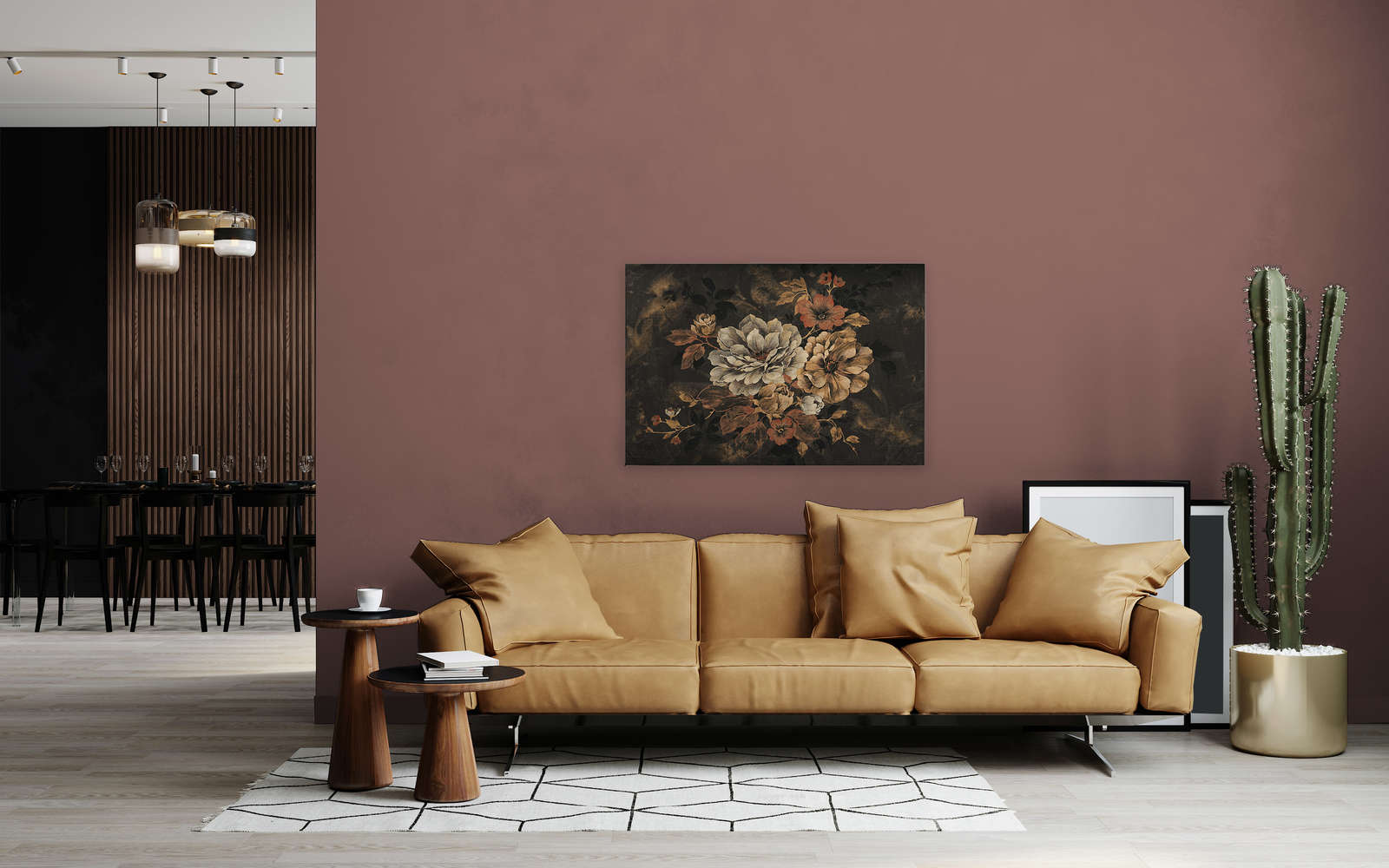             Cuadro lienzo diseño floral, pintura al óleo con aspecto vintage - 1,20 m x 0,80 m
        