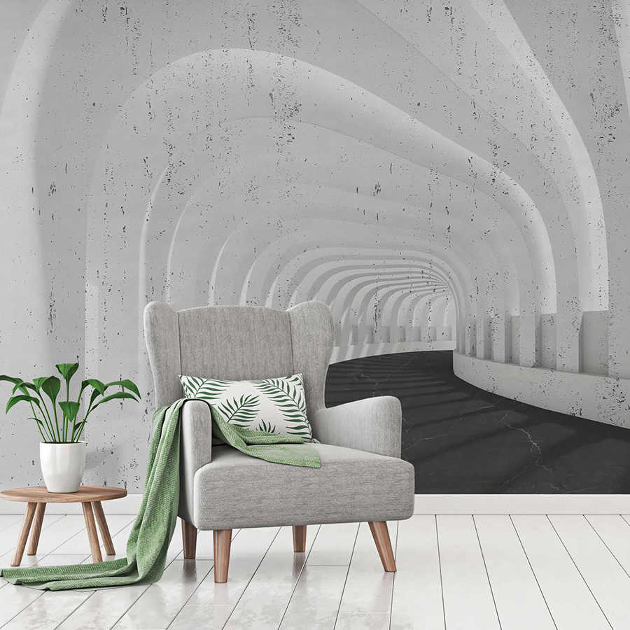 Digital behang 3D Betonnen tunnel met bogen - Grijs, Zwart

