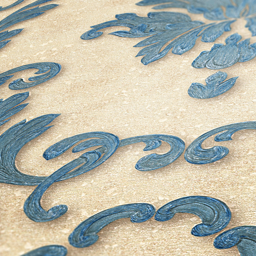             Papier peint de créateur ornements floraux & effet métallique - bleu, or, crème
        
