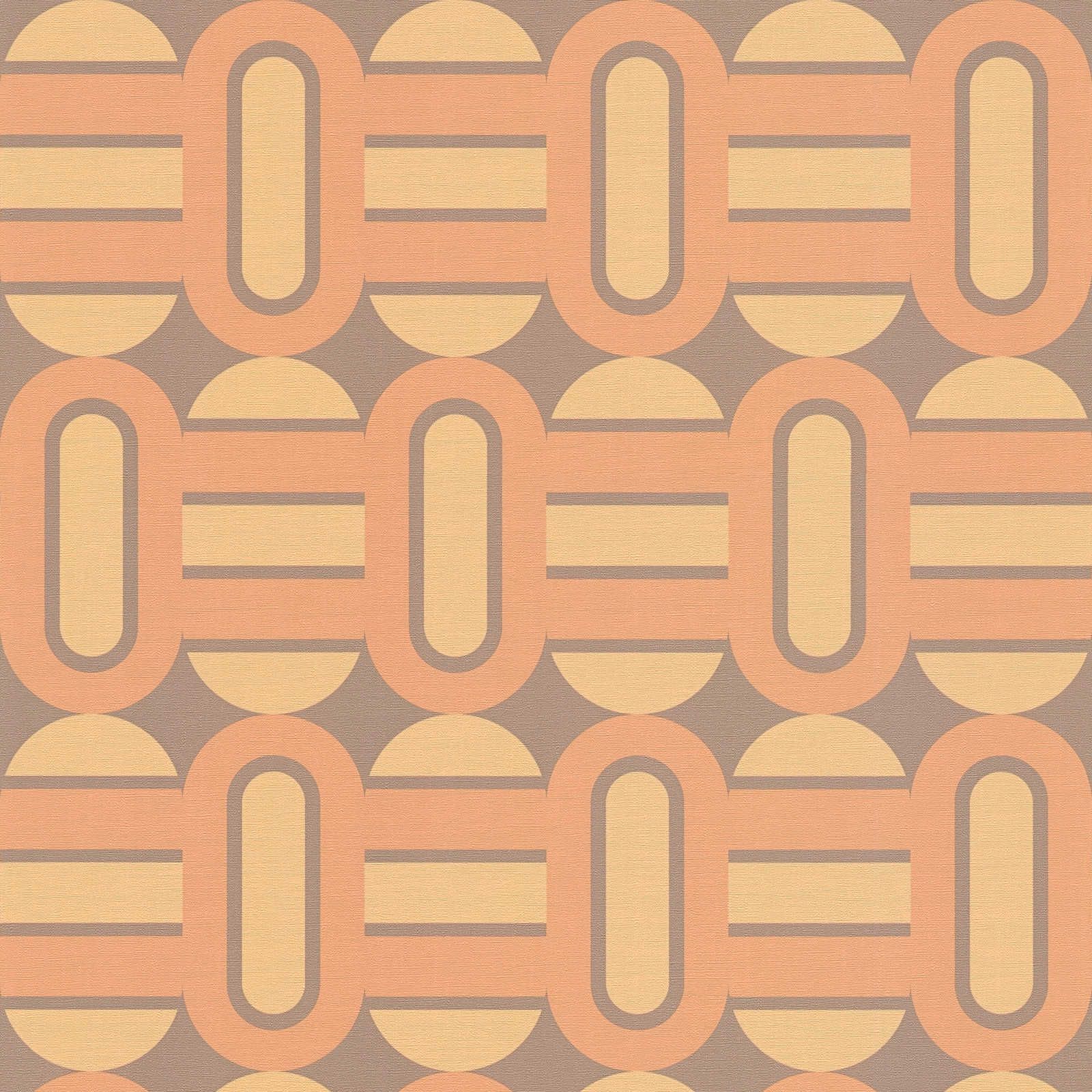         Retro non-woven wallpaper decorated with ovals and bars in warm colours - brown, yellow, orange
    