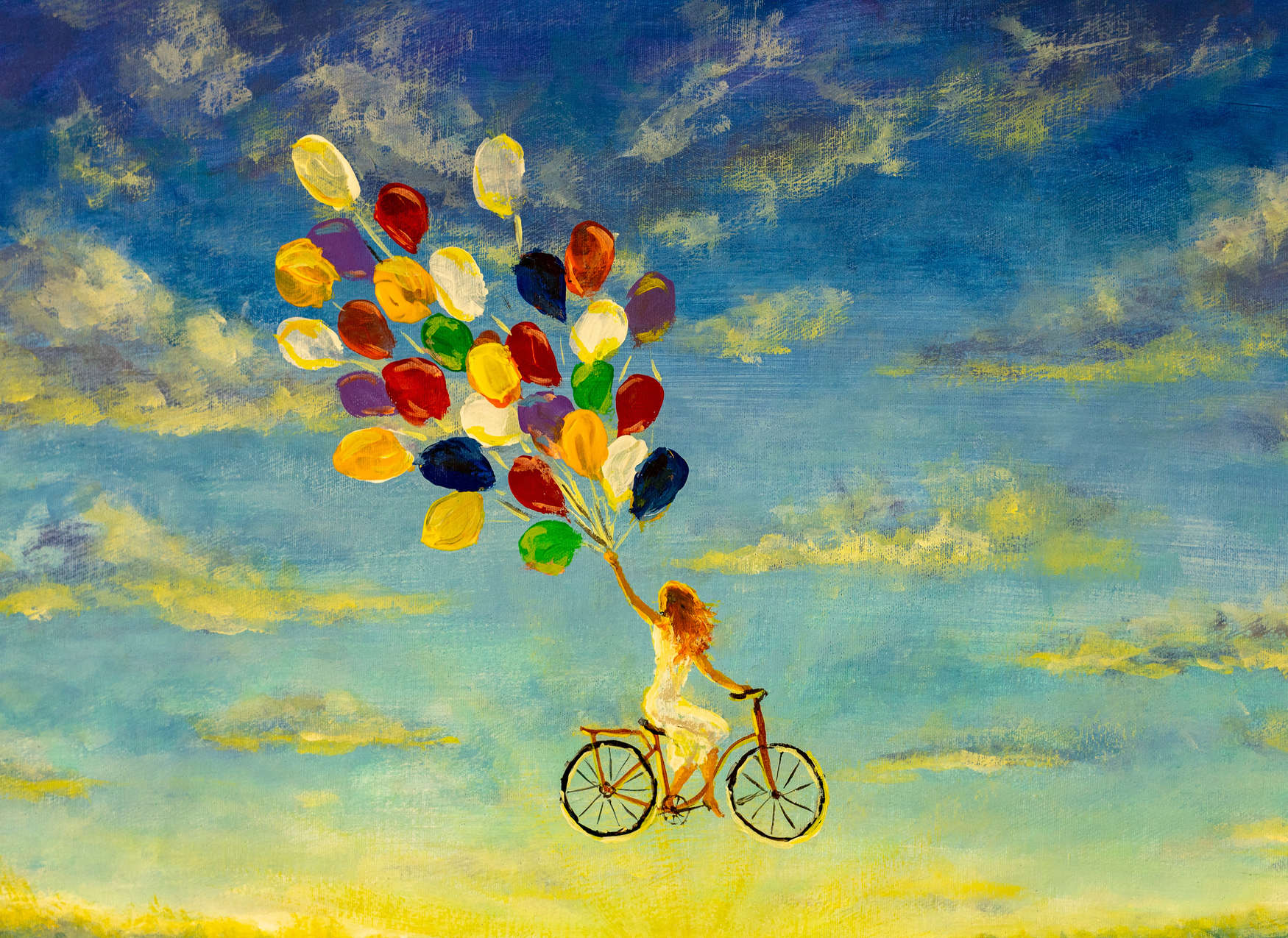             Mural de pared con Mujer en bicicleta en el cielo Pintura - Azul, Amarillo, Colorido
        