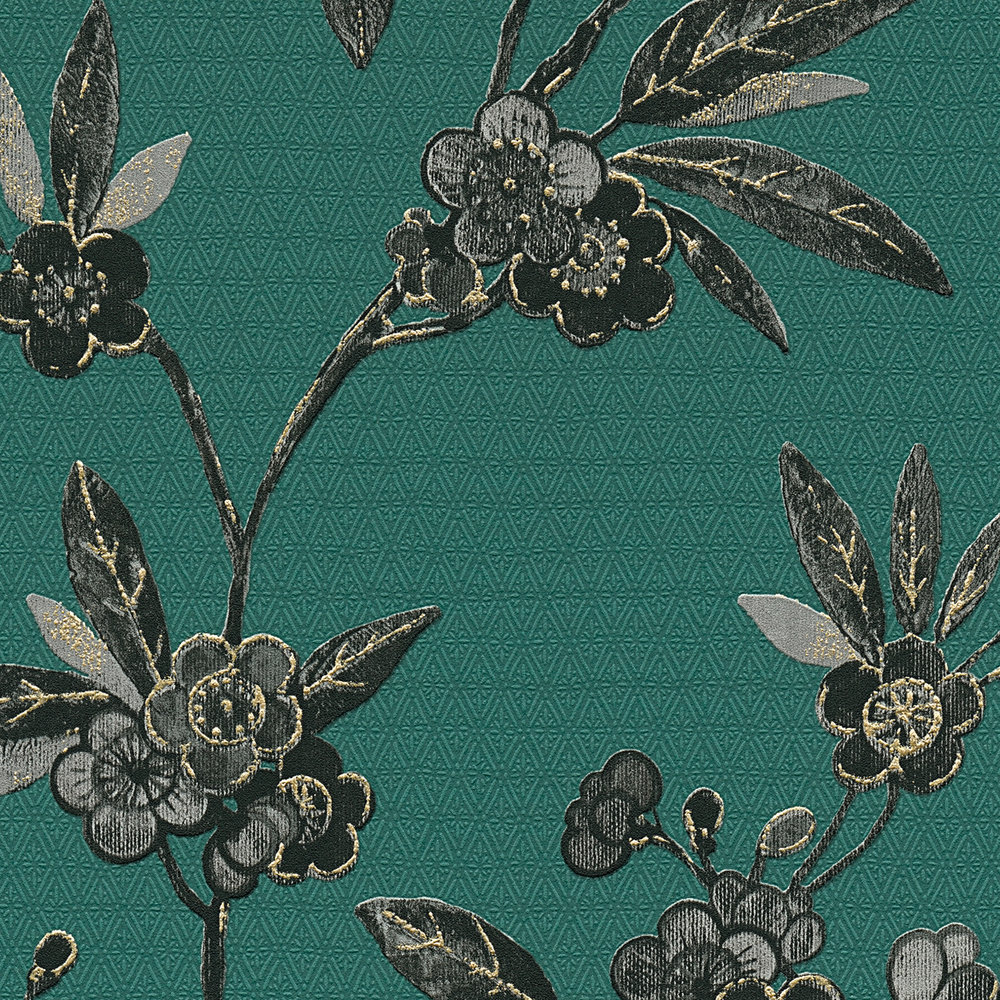             Carta da parati floreale con viticci di fiori in stile asiatico - verde, nero, grigio
        