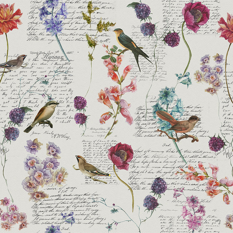 Papier peint vintage avec fleurs et oiseaux - multicolore, blanc, bleu
